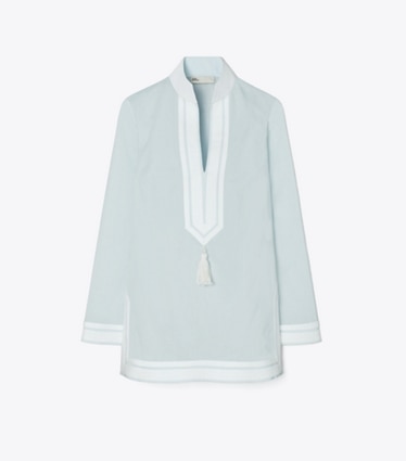 Tory Burch designer copricostume Tunica tono su tono con nappe in Iced Blue front
