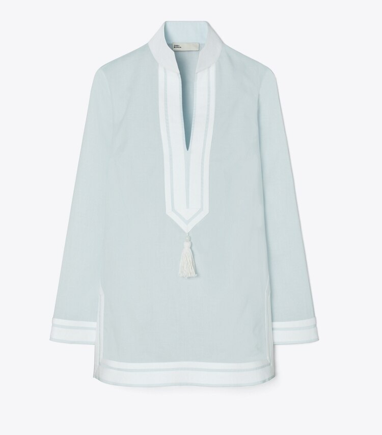 Tory Burch designer copricostume Tunica tono su tono con nappe in Iced Blue front
