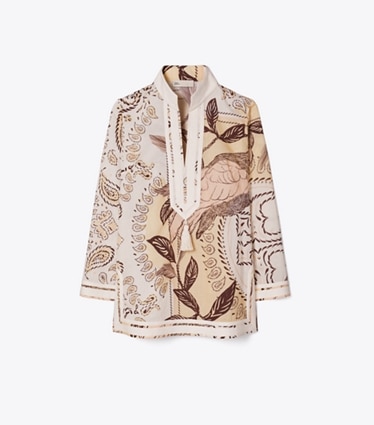 Tory Burch designer copricostume Tunica Tory in cotone stampato in Pink Cockatoo front