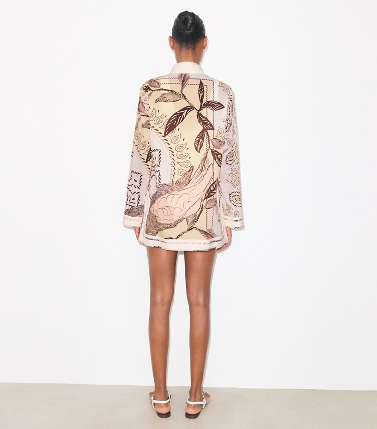 Tory Burch designer copricostume Tunica Tory in cotone stampato in Pink Cockatoo on model back