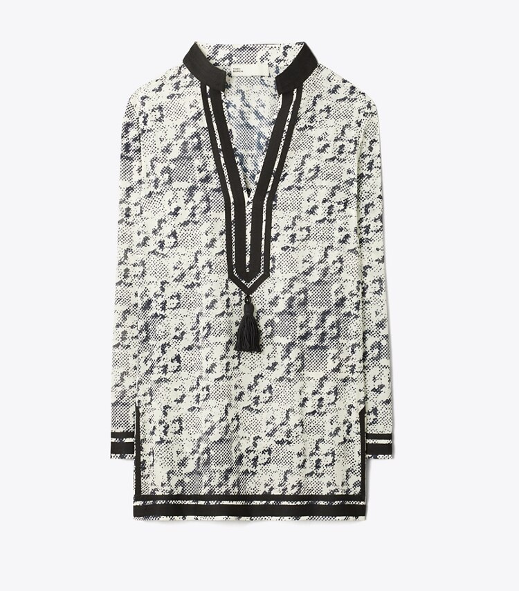 Tory Burch designer copricostume Tunica Tory in Seta in New Ivory Distressed Pixelated Logo front