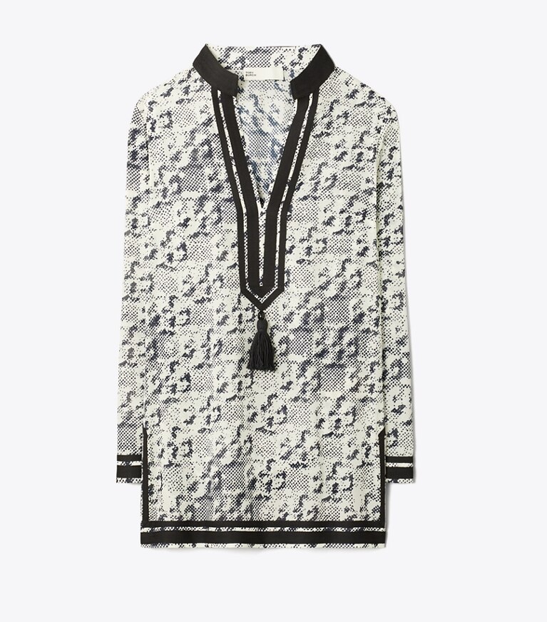 Tory Burch designer copricostume Tunica Tory in Seta in New Ivory Distressed Pixelated Logo front