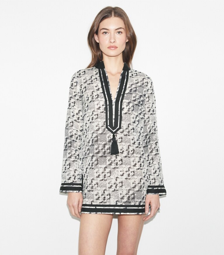 Tory Burch designer copricostume Tunica Tory in Seta in New Ivory Distressed Pixelated Logo front