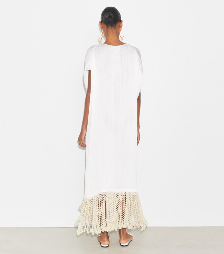 Tory Burch designer strandmode Tunika mit Fransen in Vintage Champagne on model back