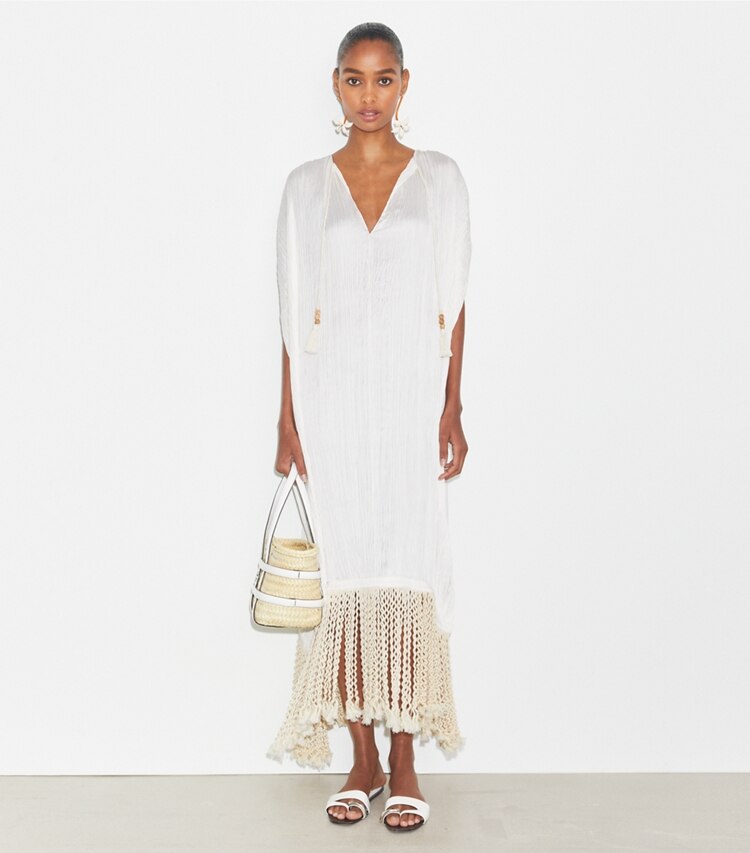 Tory Burch designer strandmode Tunika mit Fransen in Vintage Champagne modell von vorn