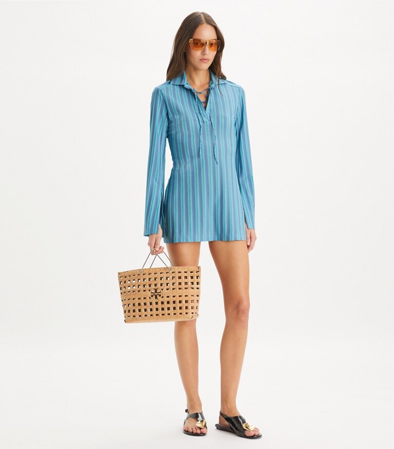 Tory Burch designer hauts Tunique à cordons en jersey in Blue Multi Stripe front