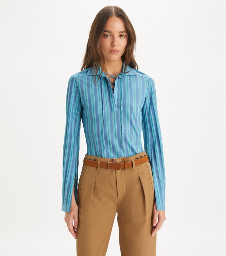 Tory Burch designer hauts Tunique à cordons en jersey in Blue Multi Stripe front
