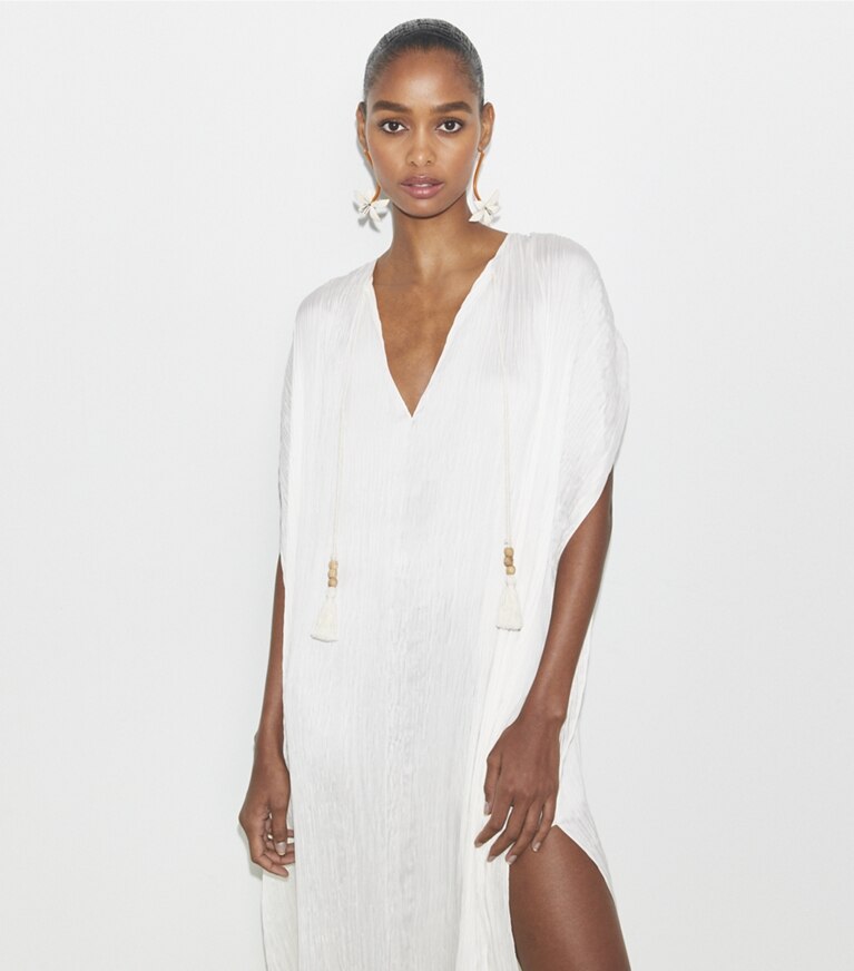 Tory Burch designer robes Tunique à franges in Vintage Champagne front