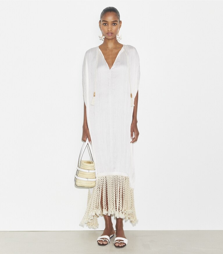 Tory Burch designer robes Tunique à franges in Vintage Champagne front