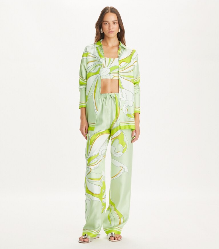 Tory Burch designer hauts Tunique en soie imprimée in Chartreuse Twisty Flower front
