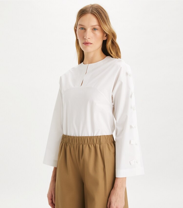 Tory Burch designer hauts Tunique nouée en popeline de coton in White on model detail