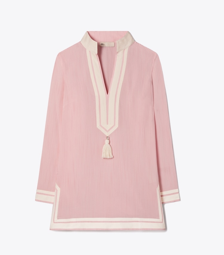 Tory Burch designer robes Tunique Tory en soie et viscose dans Stone Pink Stripe de face