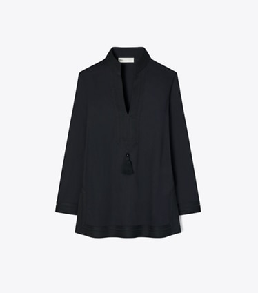 Tory Burch designer paréos Tunique unie à pompons in BLACK front