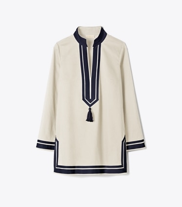 Tory Burch designer paréos Tunique unie à pompons in French Cream front