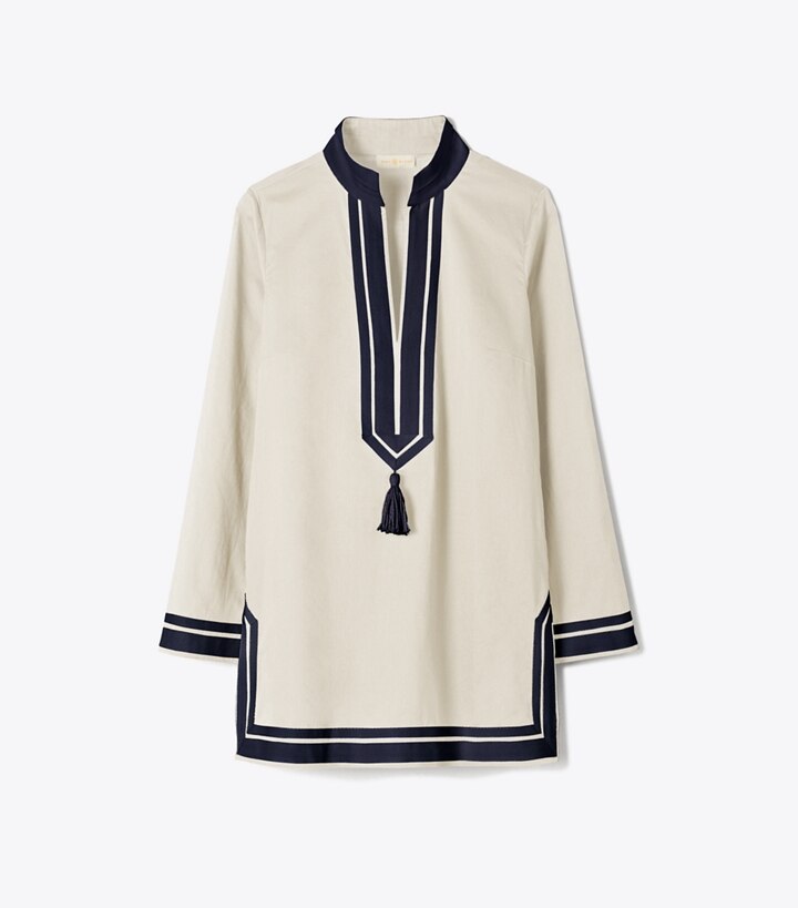 Tory Burch designer paréos Tunique unie à pompons in French Cream front