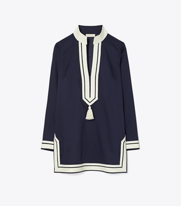 Tory Burch designer paréos Tunique unie à pompons in TORY NAVY front
