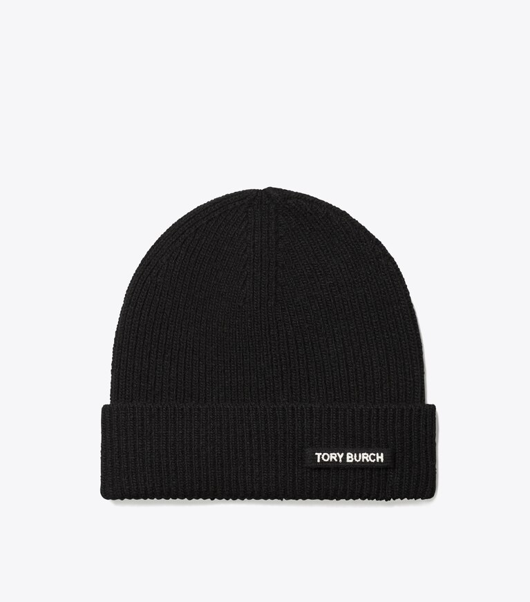 Tory Burch designer chapeaux Tuque en tricot côtelé dans Black de face