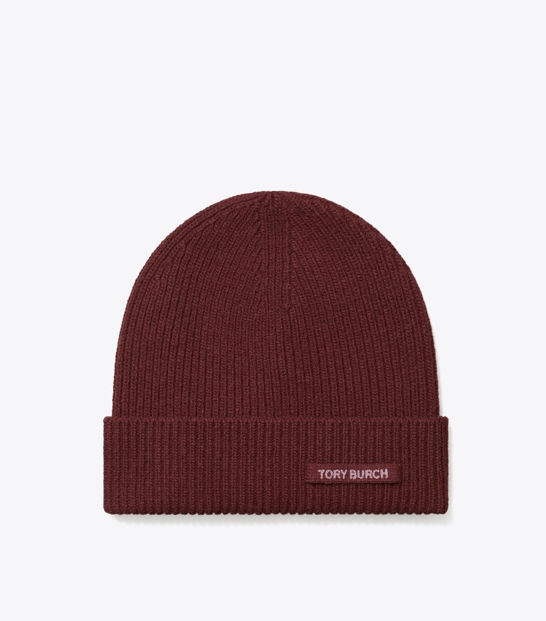 Tory Burch designer chapeaux Tuque en tricot côtelé dans Burgundy de face