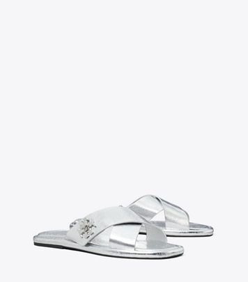 Tory Burch designer sandals Turnlock Cross-Band Slide in SHINY SILVER angle