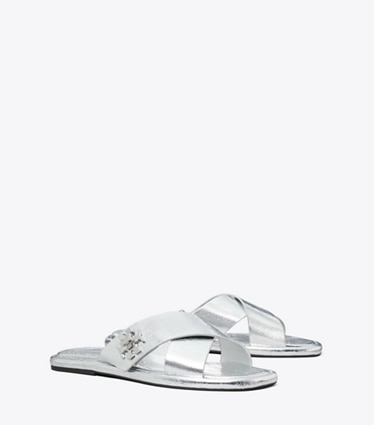Tory Burch designer sandals Turnlock Cross-Band Slide in SHINY SILVER angle
