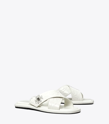 Tory Burch designer sandals Turnlock Cross-Band Slide in CLOUD / CLOUD angle