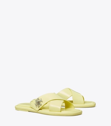 Tory Burch designer sandals Turnlock Cross-Band Slide in Frozen Zest angle