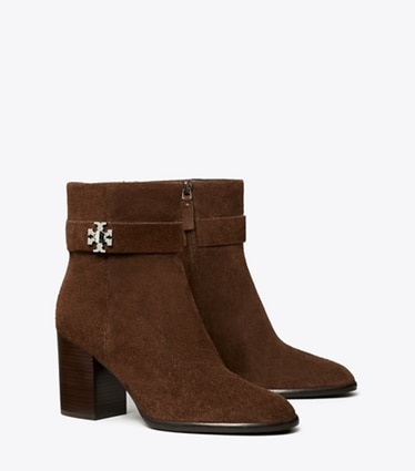 Tory Burch designer ankle boots Turnlock Heeled Ankle Boot in DARK COCOA angle