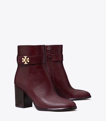 Tory Burch designer ankle boots Turnlock Heeled Ankle Boot in DARK CARMINE angle