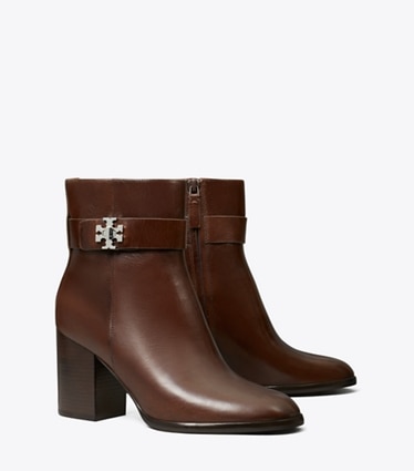 Tory Burch designer ankle boots Turnlock Heeled Ankle Boot in COFFEE angle