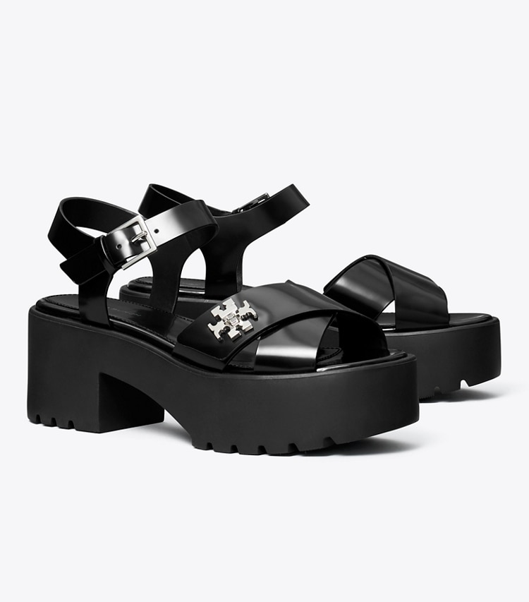 Tory Burch designer sandals Turnlock Lug Heeled Sandal in BLACK angle