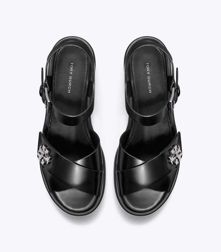 Tory Burch designer sandals Turnlock Lug Heeled Sandal in BLACK angle