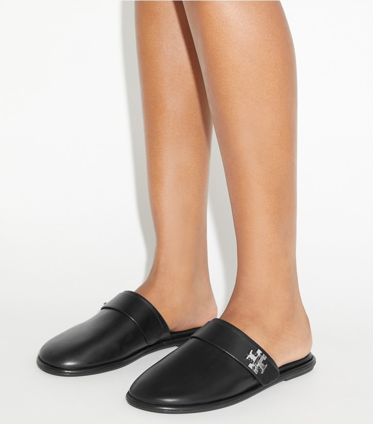 Tory Burch designer flats Turnlock Mule in PERFECT BLACK angle