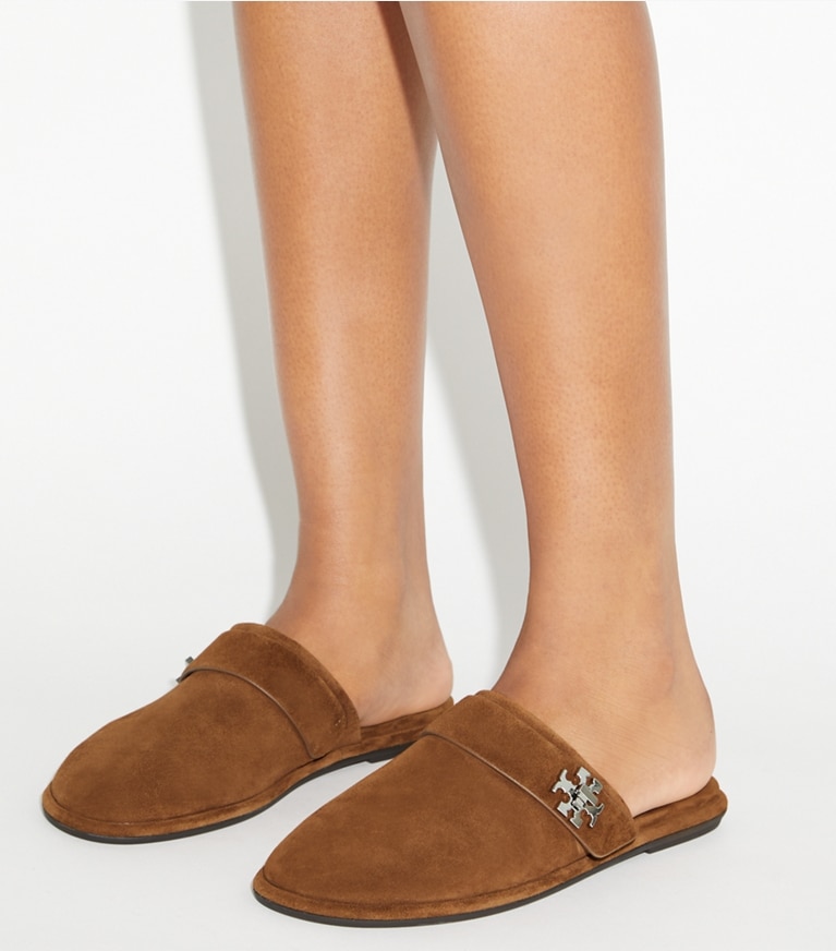 Tory Burch designer flats Turnlock Mule in COGNAC BROWN angle