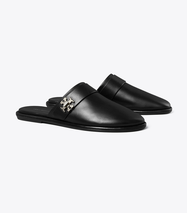 Tory Burch designer flats Turnlock Mule in PERFECT BLACK angle