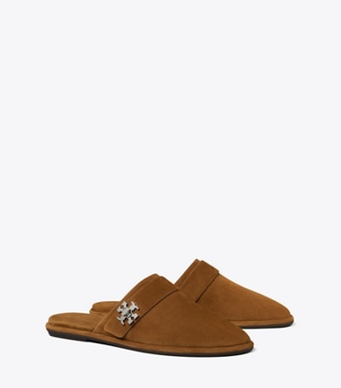 Tory Burch designer flats Turnlock Mule in COGNAC BROWN angle