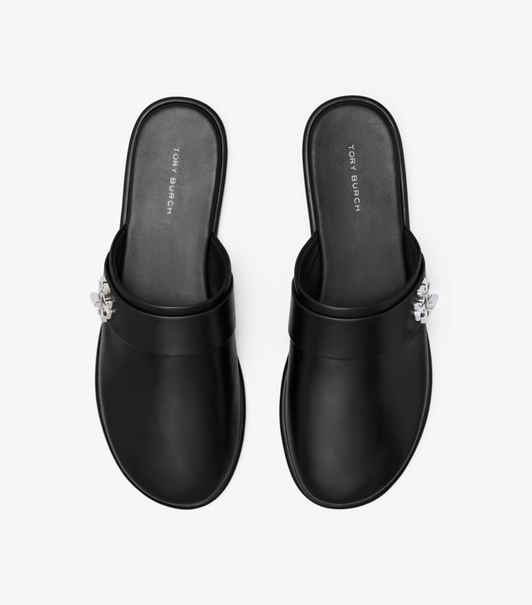 Tory Burch designer flats Turnlock Mule in PERFECT BLACK angle