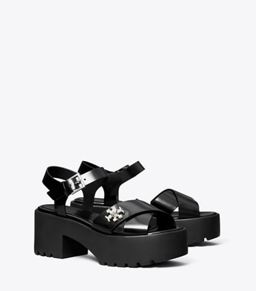 Tory Burch designer sandals Turnlock Platform Heeled Lug Sandal in BLACK angle