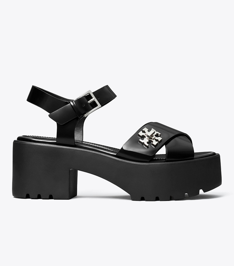 Tory Burch designer sandals Turnlock Platform Heeled Lug Sandal in BLACK angle