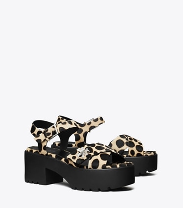 Tory Burch designer sandals Turnlock Platform Lug Heeled Sandal in TRENCH / PERFECT BLACK angle