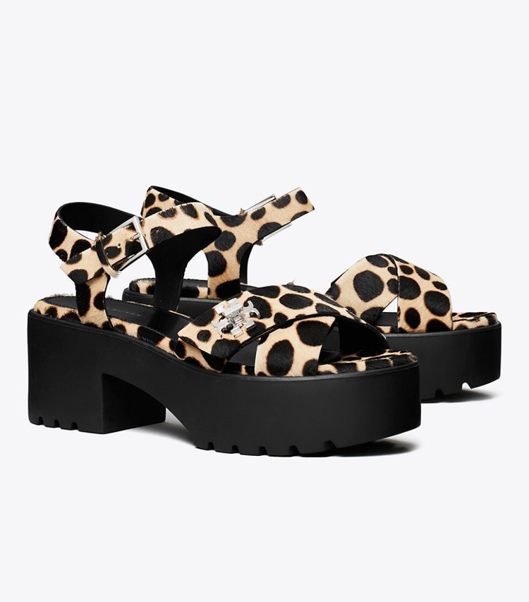 Tory Burch designer sandals Turnlock Platform Lug Heeled Sandal in TRENCH / PERFECT BLACK angle