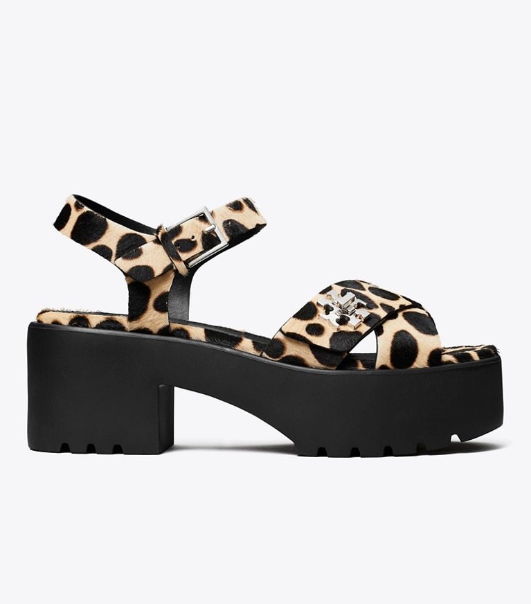 Tory Burch designer sandals Turnlock Platform Lug Heeled Sandal in TRENCH / PERFECT BLACK angle