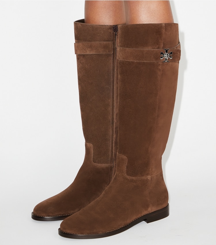 Tory Burch designer knee boots Turnlock Riding Boot in DARK COCOA accessory on model