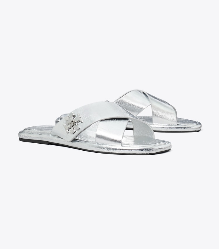 Tory Burch designer sandals Turnlock Slide in SHINY SILVER angle