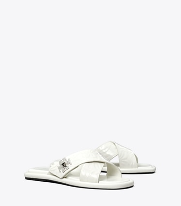 Tory Burch designer sandals Turnlock Slide in CLOUD / CLOUD angle