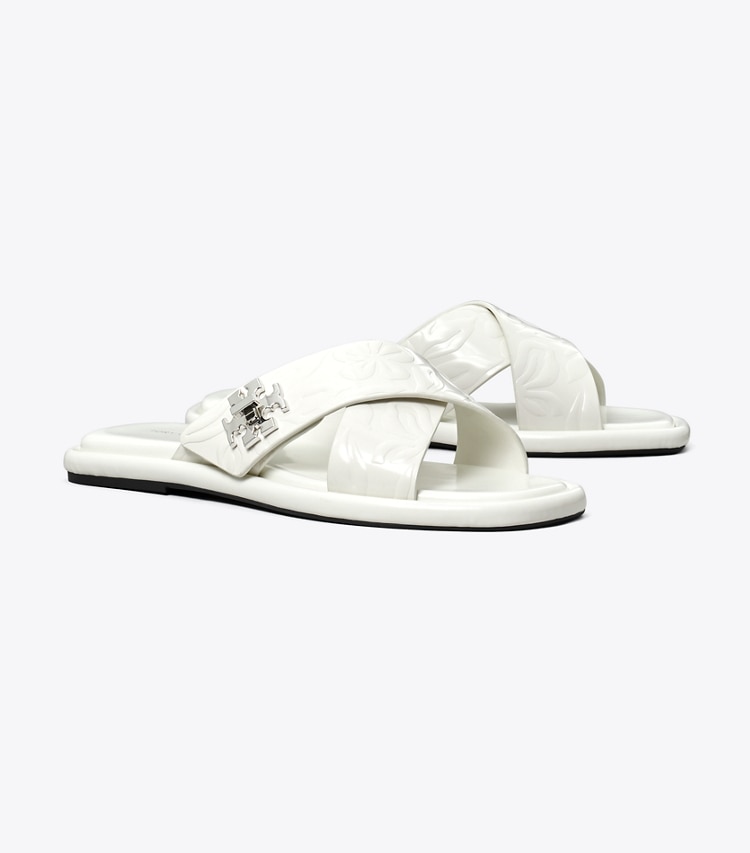Tory Burch designer sandals Turnlock Slide in CLOUD / CLOUD angle