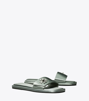 Tory Burch designer sandals Turnlock Slide in VINTAGE STEEL BLUE angle