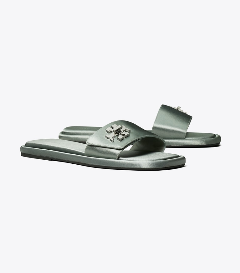 Tory Burch designer sandals Turnlock Slide in VINTAGE STEEL BLUE angle