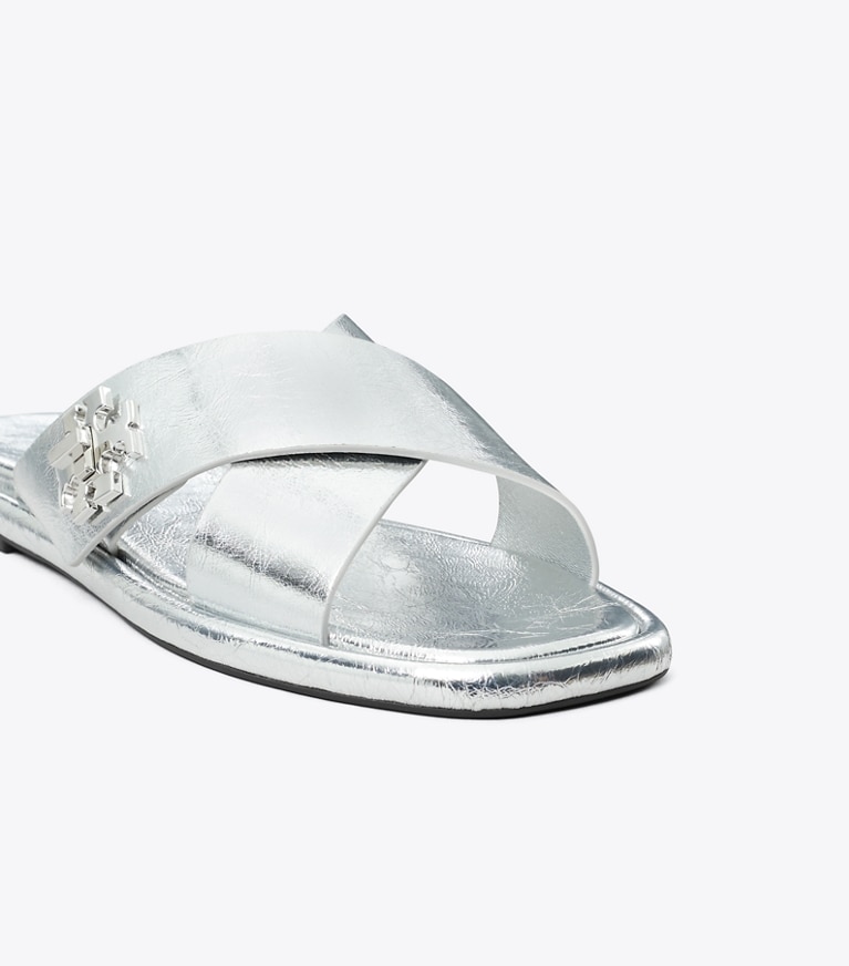 Tory Burch designer sandals Turnlock Slide in SHINY SILVER angle