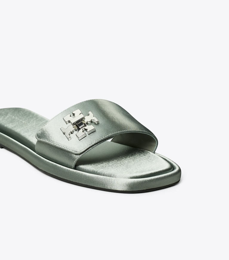 Tory Burch designer sandals Turnlock Slide in VINTAGE STEEL BLUE detail