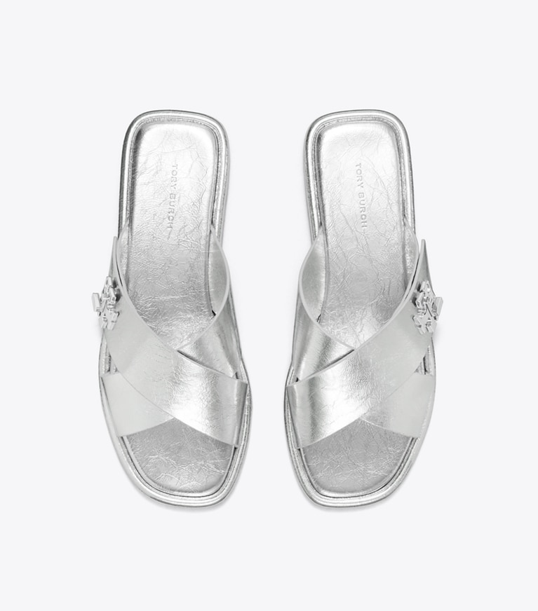 Tory Burch designer sandals Turnlock Slide in SHINY SILVER angle